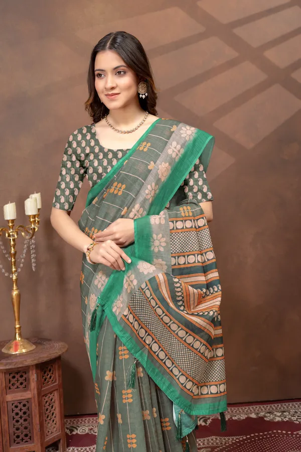Olive_Green_Printed_Linen_Shimmer_Saree_with_Contrast_Border