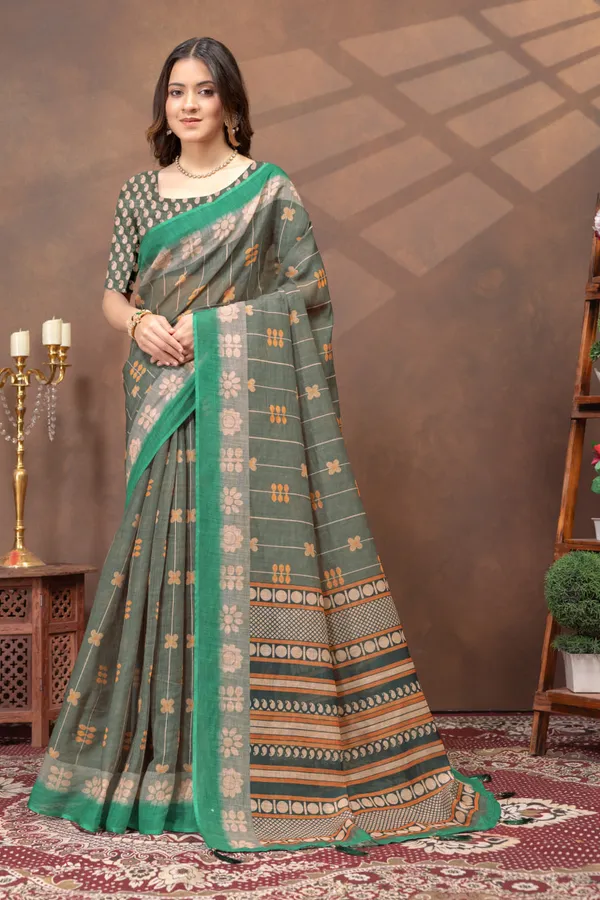 Olive_Green_Printed_Linen_Shimmer_Saree_with_Contrast_Border