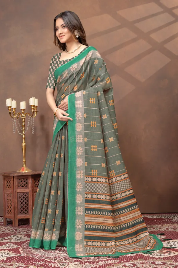 Olive_Green_Printed_Linen_Shimmer_Saree_with_Contrast_Border