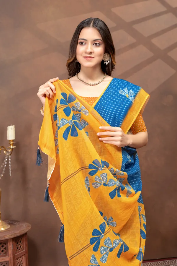 Blue_Printed_Linen_Shimmer_Saree_with_Yellow_Contrast_Border