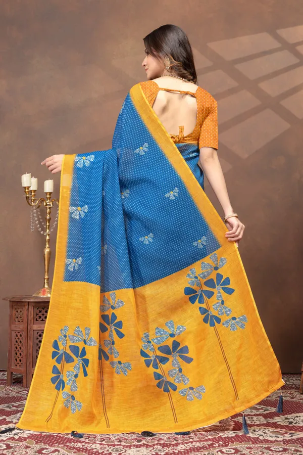 Blue_Printed_Linen_Shimmer_Saree_with_Yellow_Contrast_Border