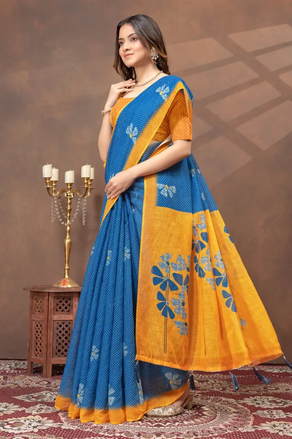 Blue_Printed_Linen_Shimmer_Saree_with_Yellow_Contrast_Border