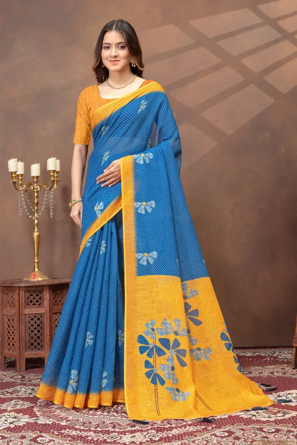 Blue_Printed_Linen_Shimmer_Saree_with_Yellow_Contrast_Border