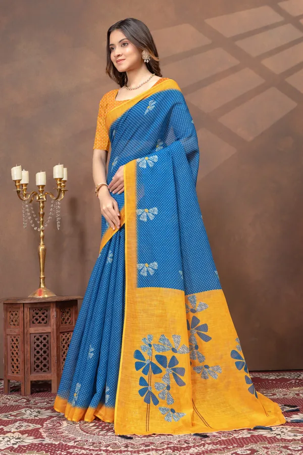Blue_Printed_Linen_Shimmer_Saree_with_Yellow_Contrast_Border