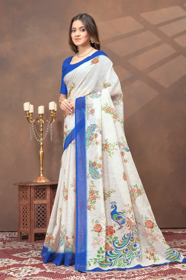 Off-White_Floral_&_Peacock_Printed_Linen_Shimmer_Saree_with_Blue_Border