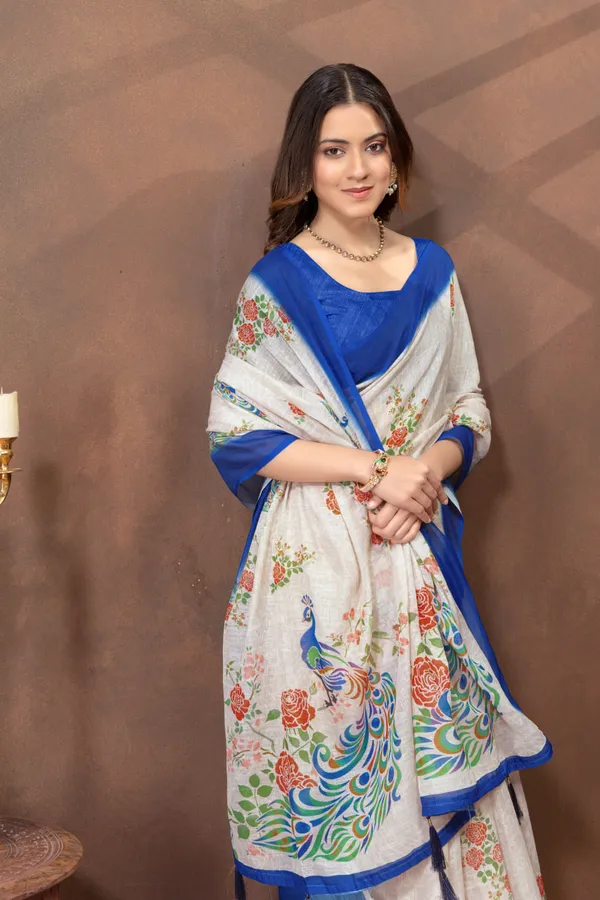 Off-White_Floral_&_Peacock_Printed_Linen_Shimmer_Saree_with_Blue_Border
