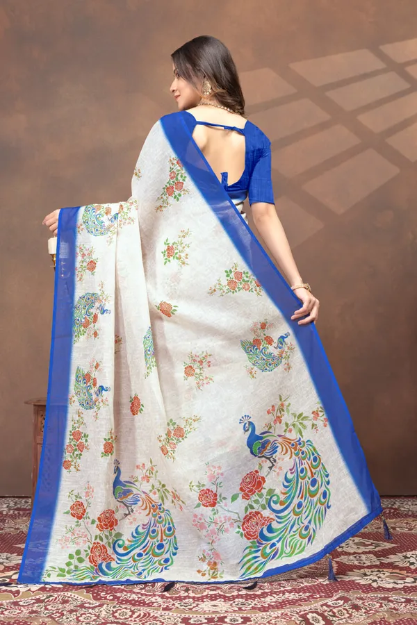 Off-White_Floral_&_Peacock_Printed_Linen_Shimmer_Saree_with_Blue_Border