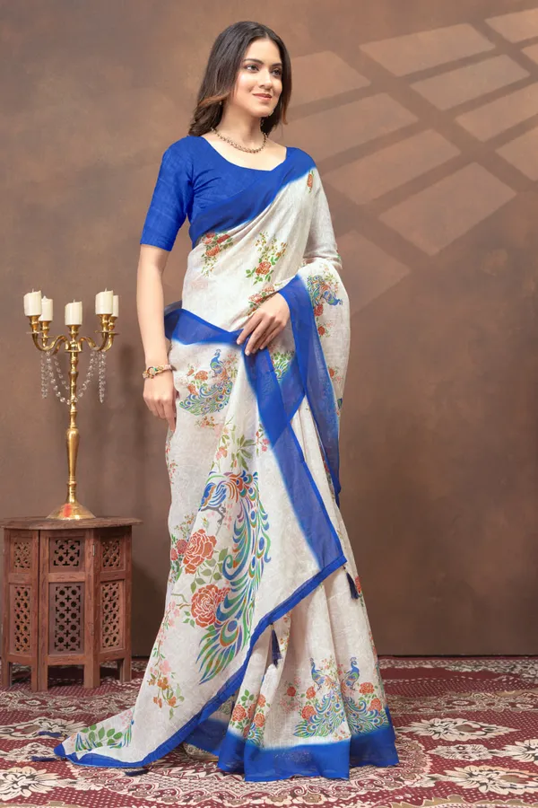 Off-White_Floral_&_Peacock_Printed_Linen_Shimmer_Saree_with_Blue_Border