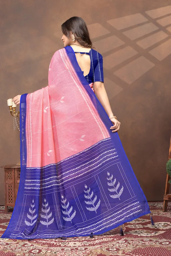 Peach_Pink_Printed_Linen_Shimmer_Saree_with_Royal_Blue_Border