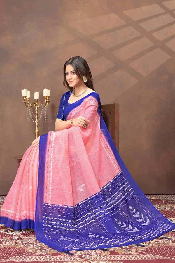 Peach_Pink_Printed_Linen_Shimmer_Saree_with_Royal_Blue_Border