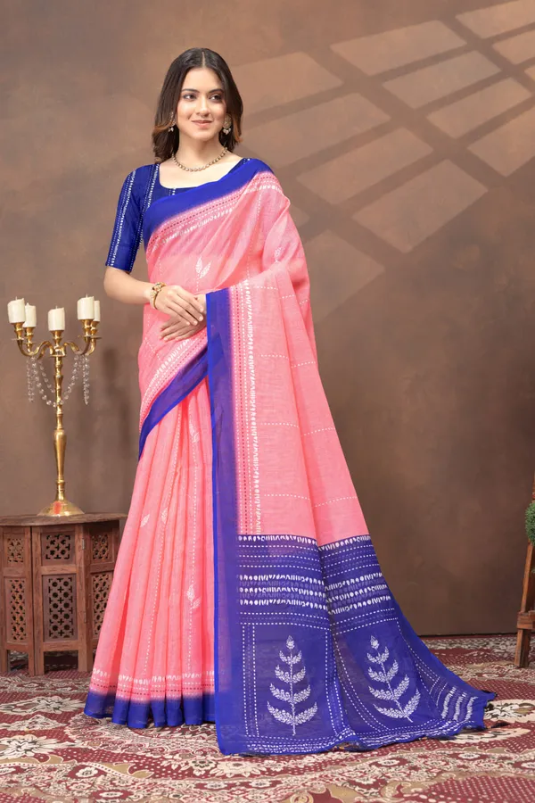 Peach_Pink_Printed_Linen_Shimmer_Saree_with_Royal_Blue_Border