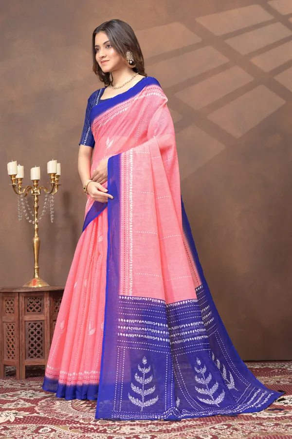 Peach_Pink_Printed_Linen_Shimmer_Saree_with_Royal_Blue_Border