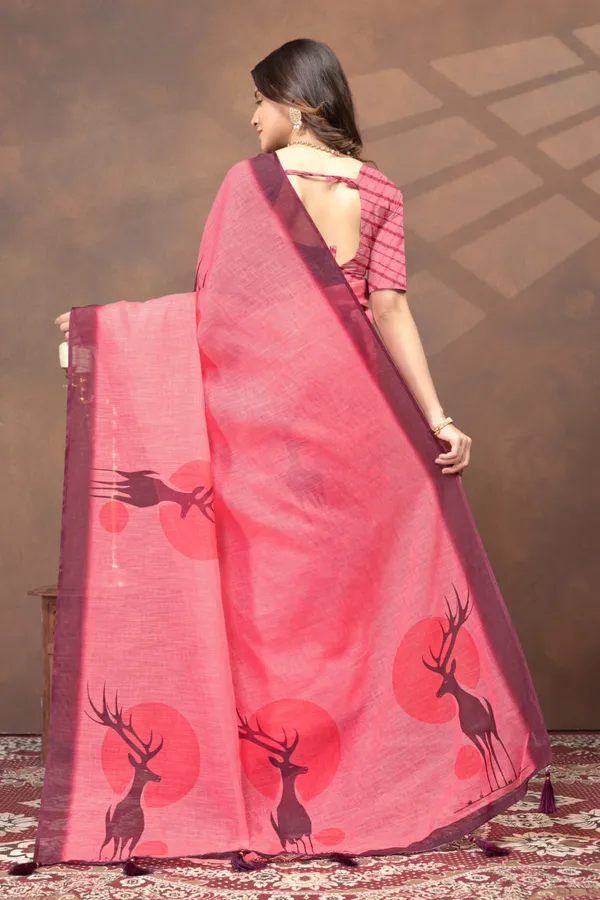 Peach_Pink_Linen_Shimmer_Saree_with_Royal_Blue_Printed_Border