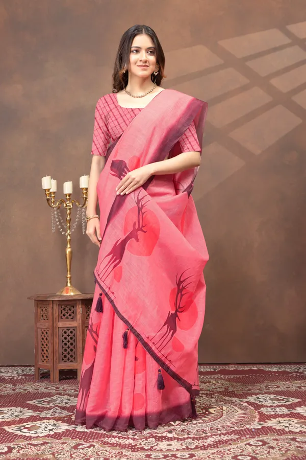 Peach_Pink_Linen_Shimmer_Saree_with_Royal_Blue_Printed_Border