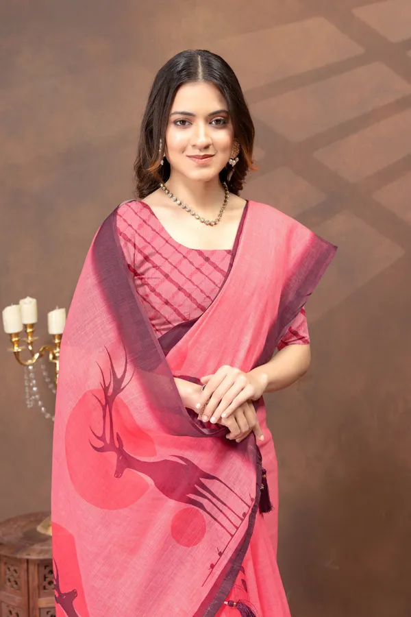 Peach_Pink_Linen_Shimmer_Saree_with_Royal_Blue_Printed_Border