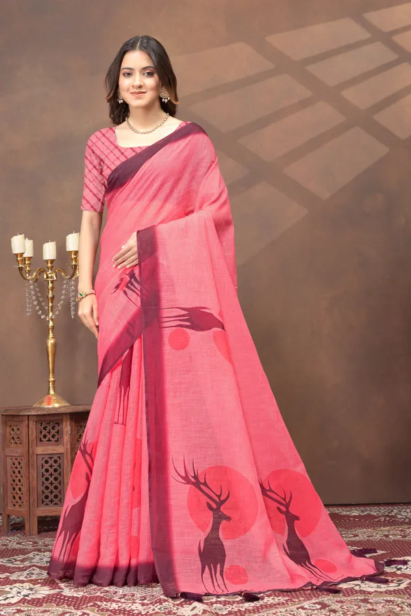Peach_Pink_Linen_Shimmer_Saree_with_Royal_Blue_Printed_Border