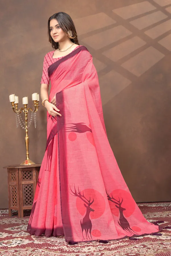 Peach_Pink_Linen_Shimmer_Saree_with_Royal_Blue_Printed_Border