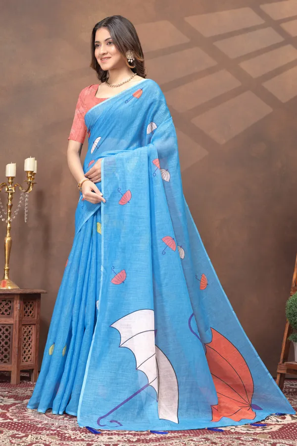 Sky_Blue_Umbrella_Printed_Linen_Blend_Saree
