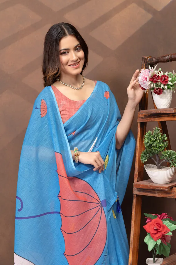 Sky_Blue_Umbrella_Printed_Linen_Blend_Saree