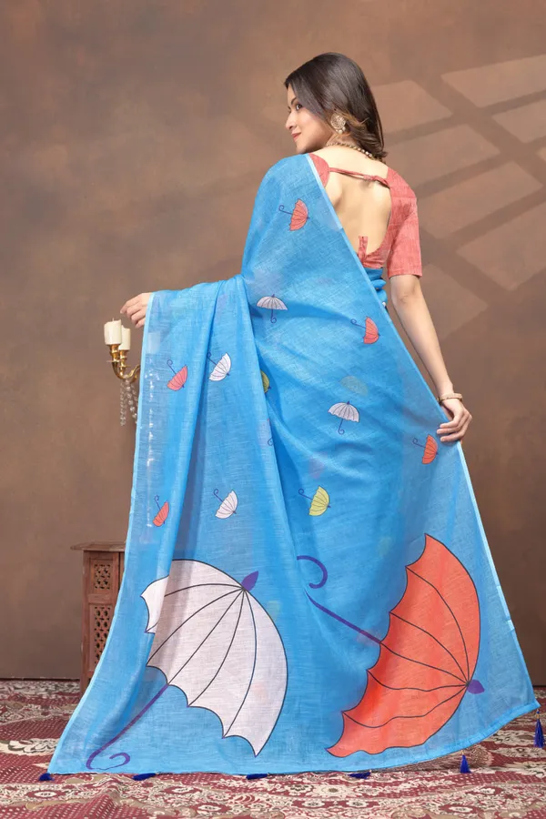 Sky_Blue_Umbrella_Printed_Linen_Blend_Saree
