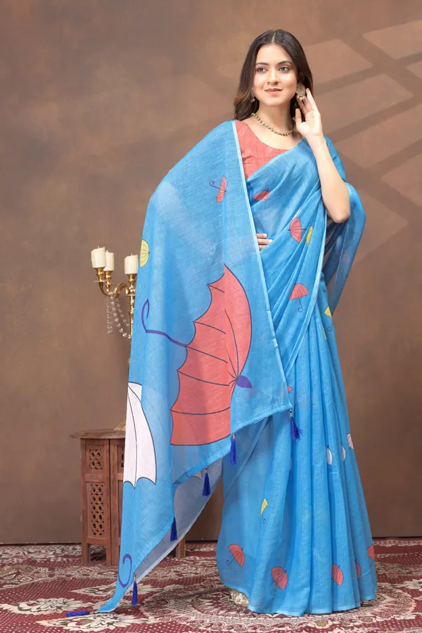 Sky_Blue_Umbrella_Printed_Linen_Blend_Saree