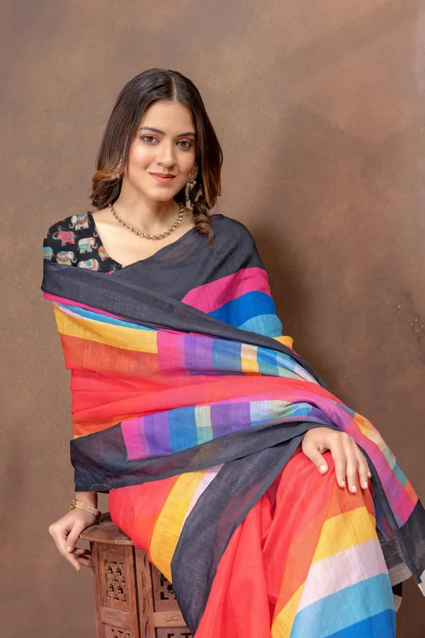 Multicolor_Striped_Linen_Blend_Saree_with_Black_Border