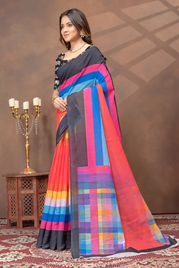 Multicolor_Striped_Linen_Blend_Saree_with_Black_Border