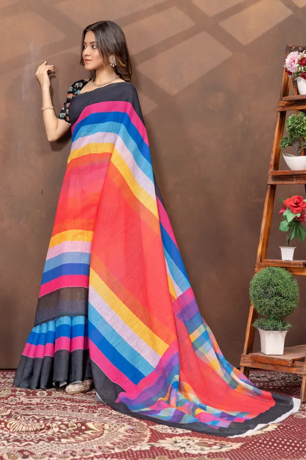 Multicolor_Striped_Linen_Blend_Saree_with_Black_Border