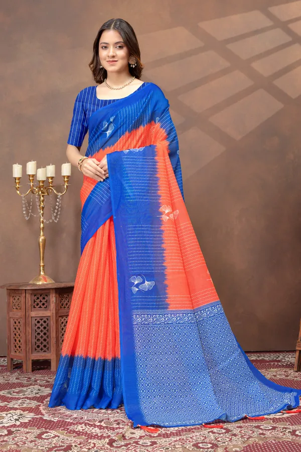 Blue_&_Orange_Printed_Linen_Shimmer_Saree_with_Designer_Border