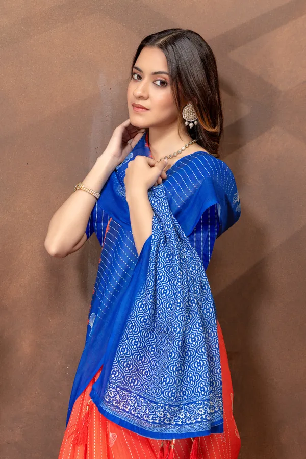 Blue_&_Orange_Printed_Linen_Shimmer_Saree_with_Designer_Border