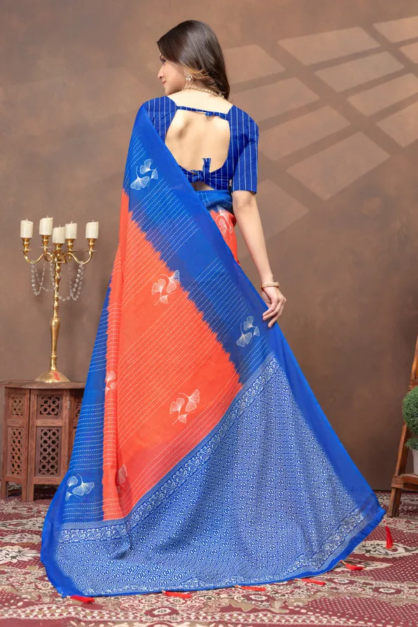 Blue_&_Orange_Printed_Linen_Shimmer_Saree_with_Designer_Border