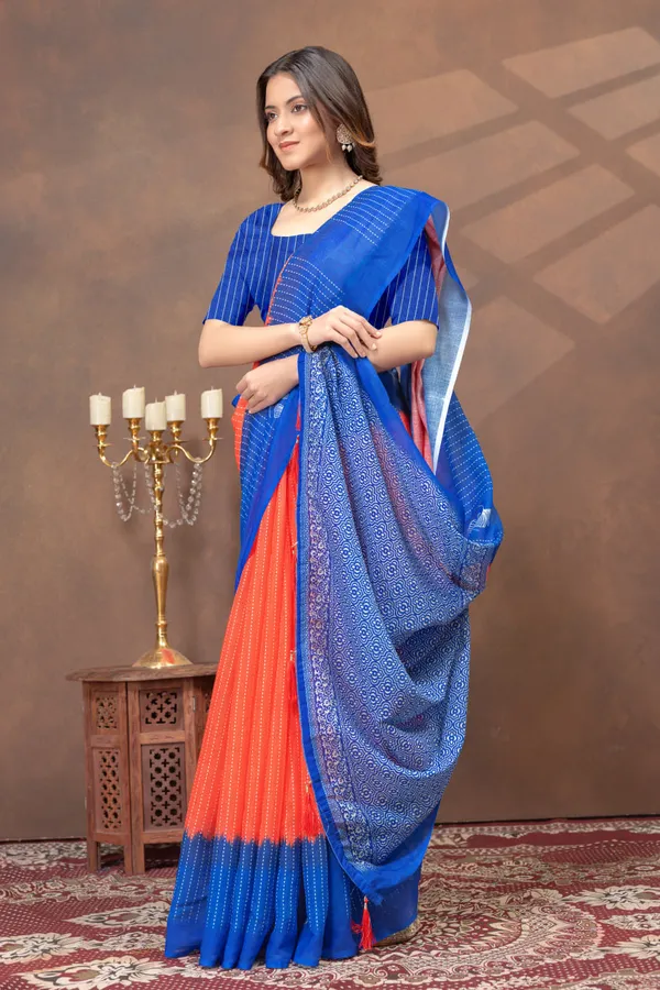 Blue_&_Orange_Printed_Linen_Shimmer_Saree_with_Designer_Border