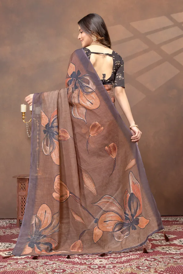 Brown_Floral_Printed_Linen_Shimmer_Saree_with_Designer_Border