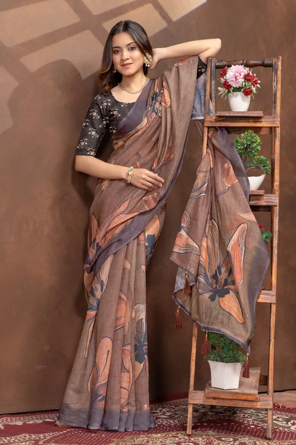 Brown_Floral_Printed_Linen_Shimmer_Saree_with_Designer_Border