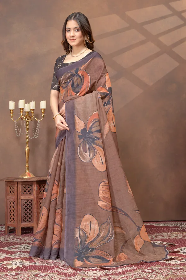 Brown_Floral_Printed_Linen_Shimmer_Saree_with_Designer_Border