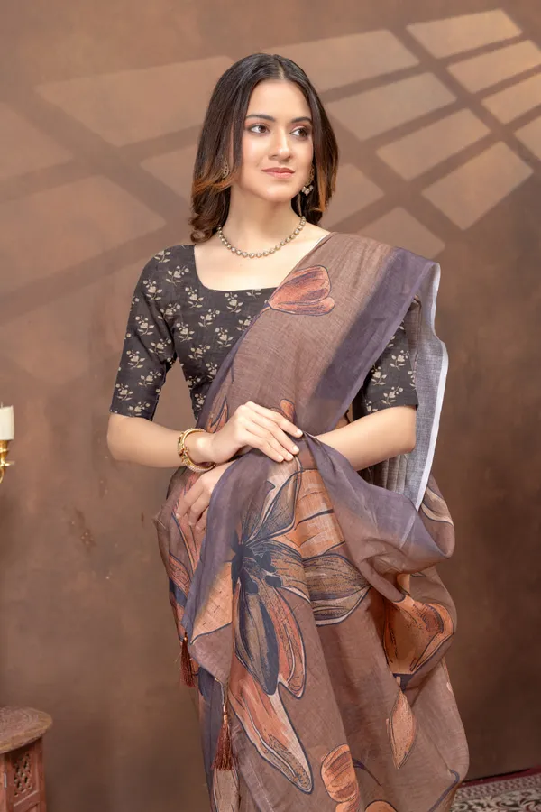 Brown_Floral_Printed_Linen_Shimmer_Saree_with_Designer_Border