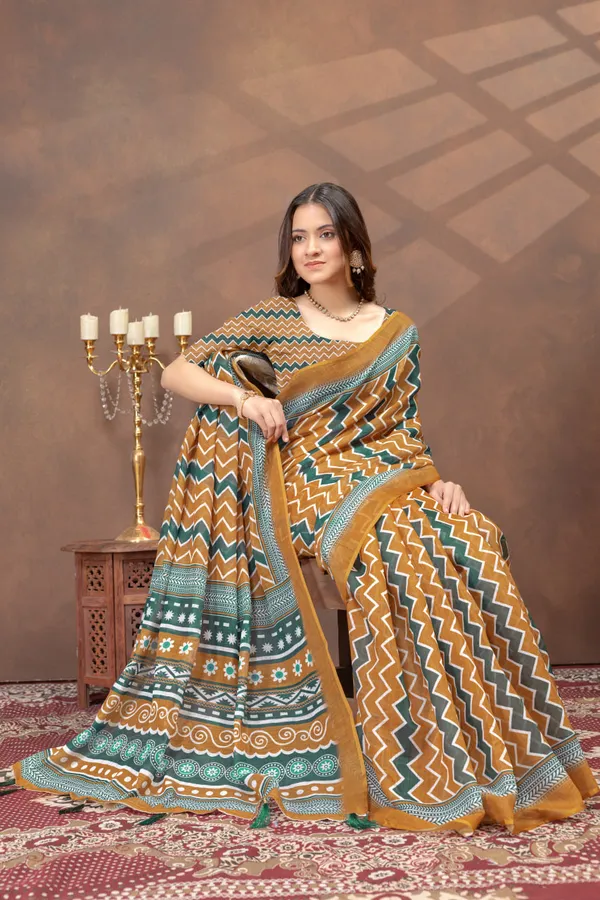 Mustard_Yellow_&_Green_Geometric_Printed_Linen_Shimmer_Saree