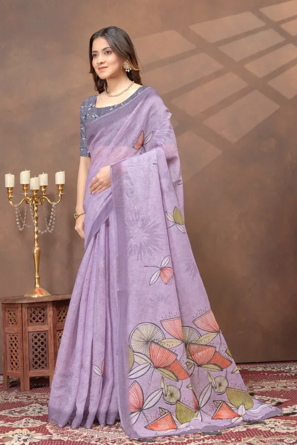 Lavender_Purple_Floral_Printed_Linen_Shimmer_Saree