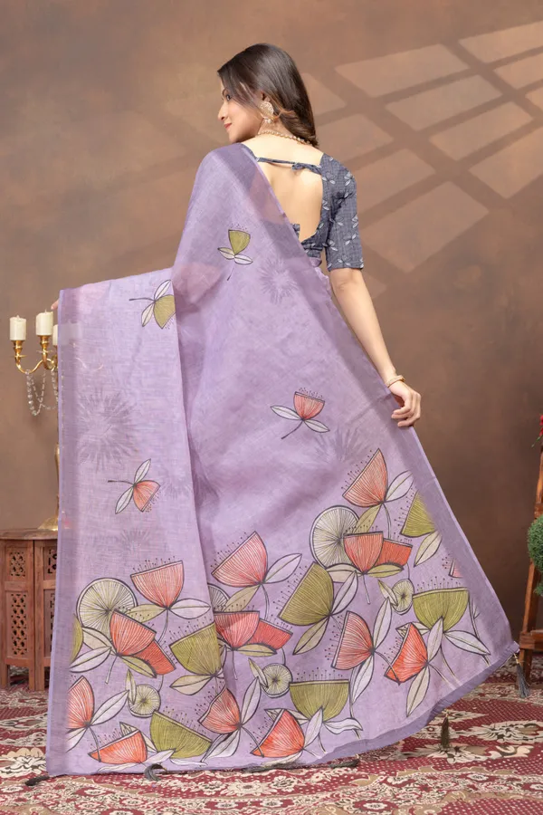 Lavender_Purple_Floral_Printed_Linen_Shimmer_Saree
