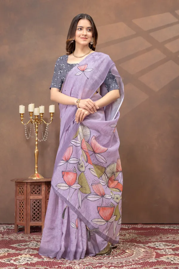Lavender_Purple_Floral_Printed_Linen_Shimmer_Saree