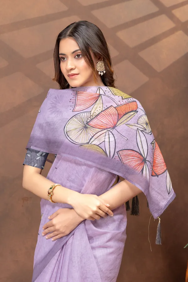 Lavender_Purple_Floral_Printed_Linen_Shimmer_Saree