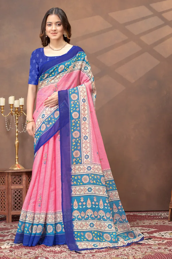 Pink_&_Blue_Floral_Border_Printed_Linen_Blend_Saree