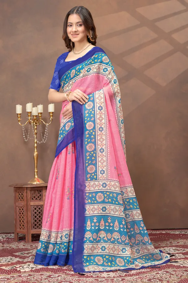 Pink_&_Blue_Floral_Border_Printed_Linen_Blend_Saree