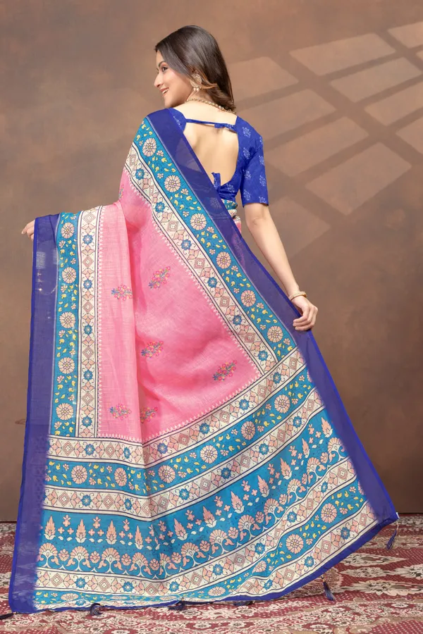 Pink_&_Blue_Floral_Border_Printed_Linen_Blend_Saree