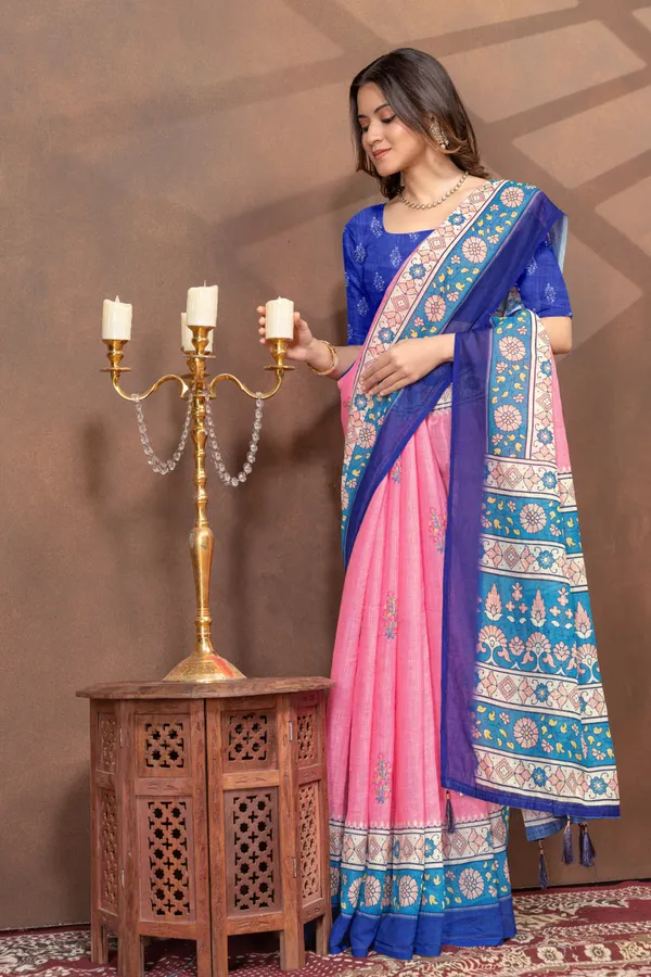 Pink_&_Blue_Floral_Border_Printed_Linen_Blend_Saree