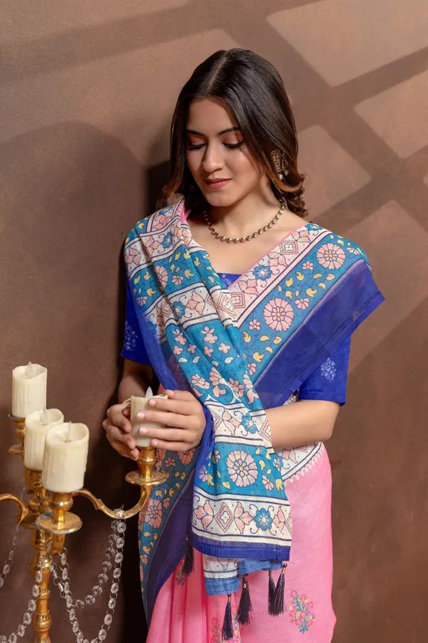 Pink_&_Blue_Floral_Border_Printed_Linen_Blend_Saree
