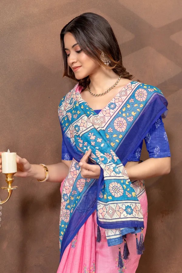 Pink_&_Blue_Floral_Border_Printed_Linen_Blend_Saree