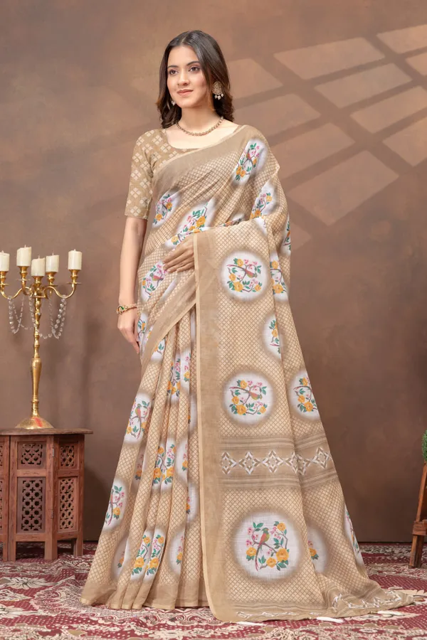 Beige_Floral_Printed_Linen_Blend_Saree