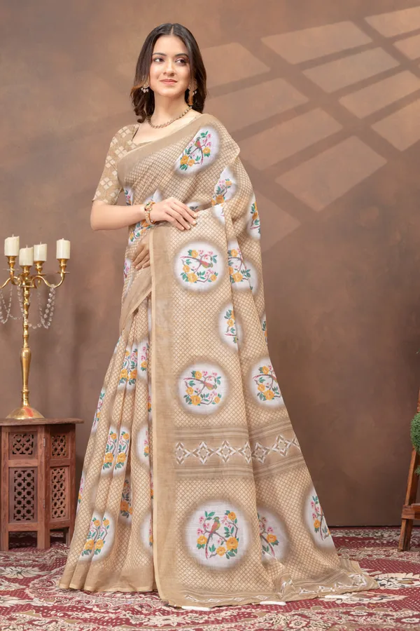 Beige_Floral_Printed_Linen_Blend_Saree