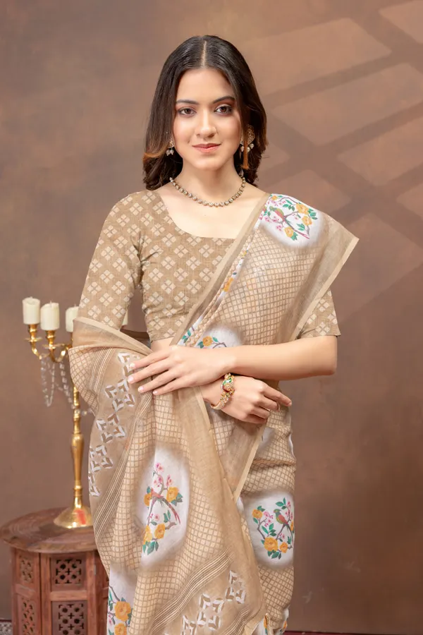 Beige_Floral_Printed_Linen_Blend_Saree
